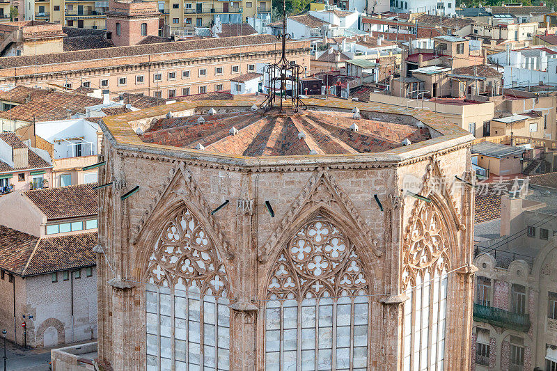 Dome of Metropolitan Cathedral–Basilica of the Assumption of Our Lady on Plaza de la Almoina in Valencia, Spain